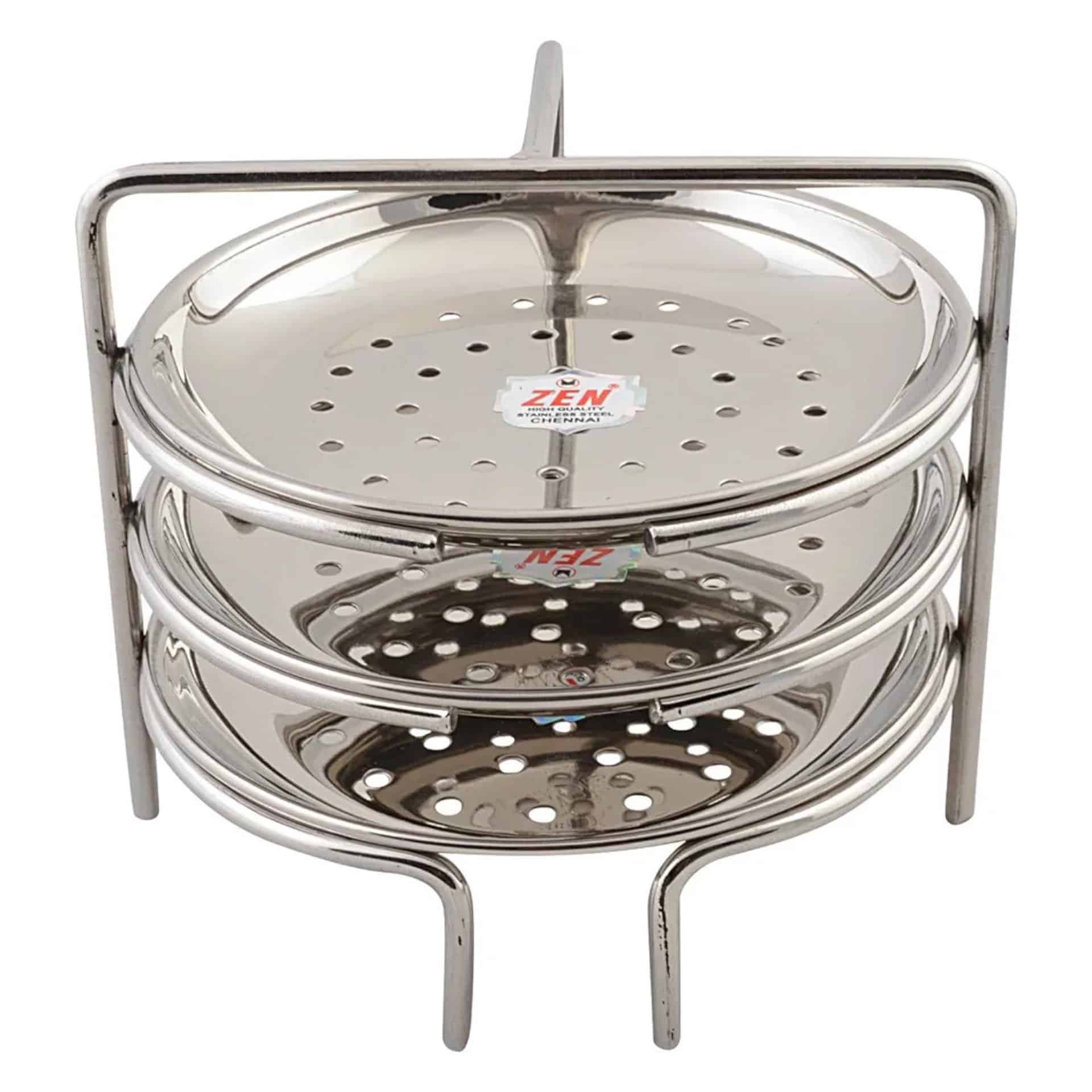 "Stainless Steel Idiyappam Stand with 3 Plates, 16cm diameter. Perfect for steaming momos, vegetables, and string hoppers. Fits 5L pressure cooker."