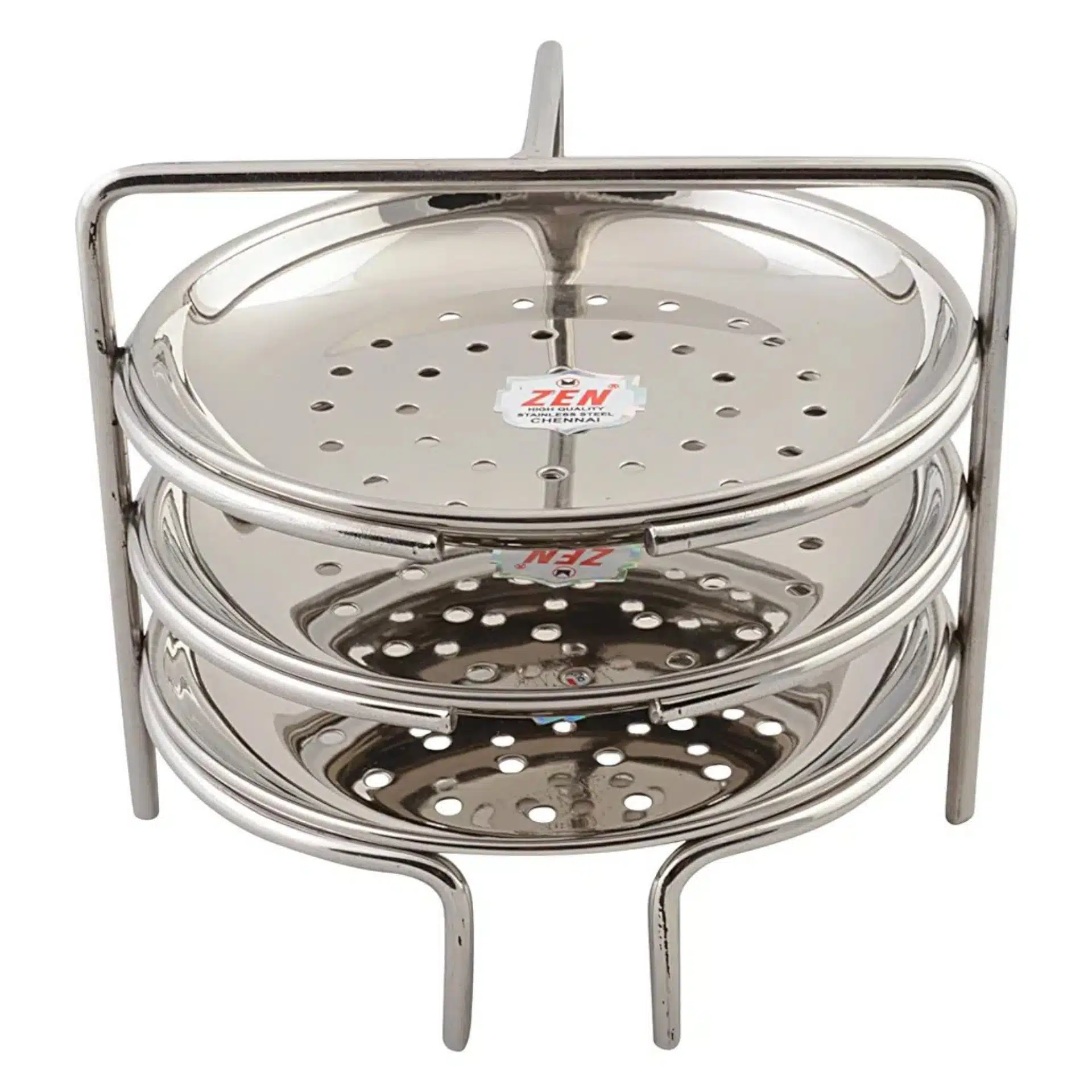 "Stainless Steel Idiyappam Stand with 3 Plates, 16cm diameter. Perfect for steaming momos, vegetables, and string hoppers. Fits 5L pressure cooker."