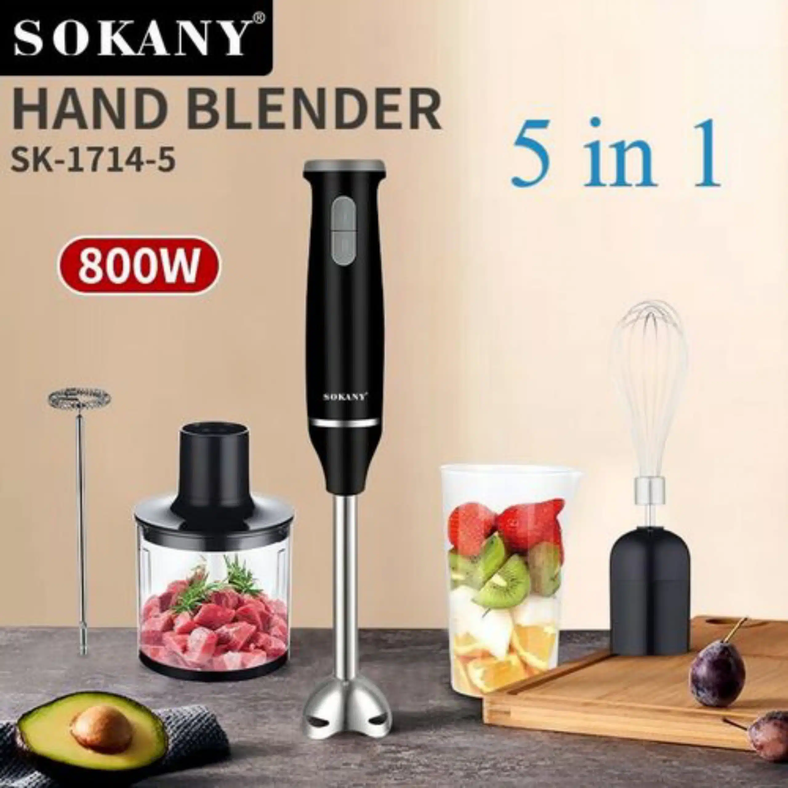 Sokany 5 In 1 Hand Blender & Food Mixer – 800 Watt (SK-1714-5)