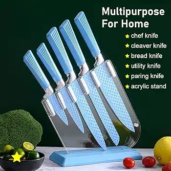 5 Piece Knife Set With Stand Blue Coloured