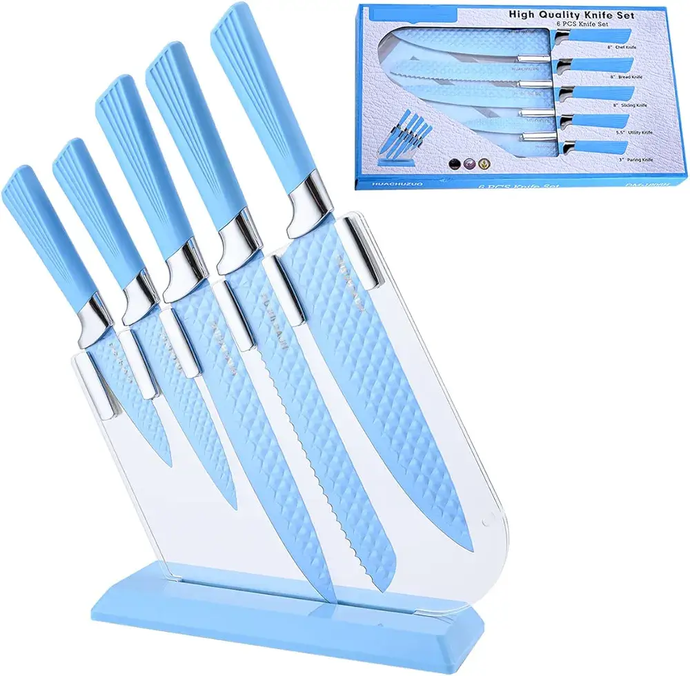 5 Piece Knife Set With Stand Blue Coloured