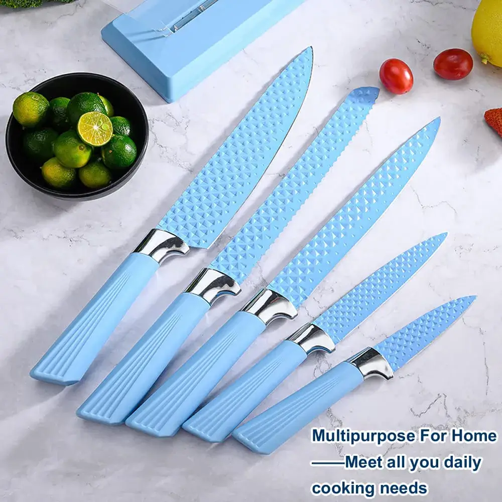 5 Piece Knife Set With Stand Blue Coloured