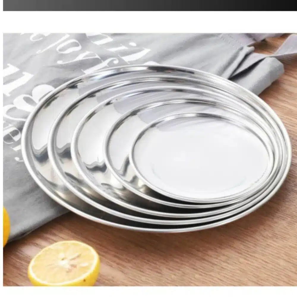 Heavy-duty stainless steel dining plates in 9", 10", and 11" sizes. Durable, rustproof, and ideal for daily use. Shop now at www.supirikitchen.lk.