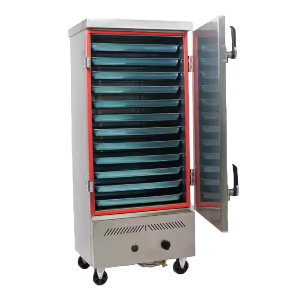 High-capacity 12-tray gas rice steamer for fast, even cooking. Ideal for restaurants & catering. Durable, efficient & easy to operate.