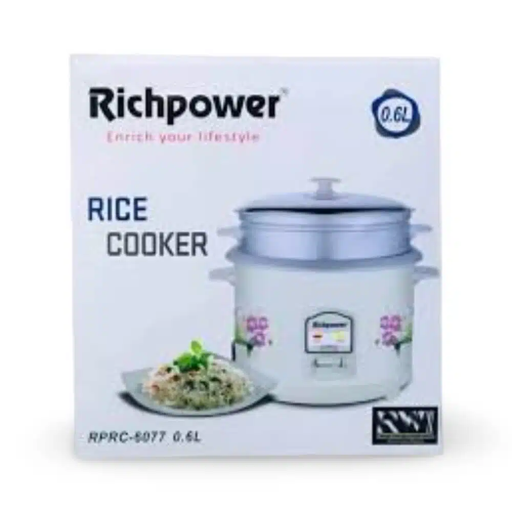 Richpower 0.6L Rice Cooker RPRC-6077 with steamer, compact & durable. Perfect for small meals. 12-month warranty. Best price in Sri Lanka.